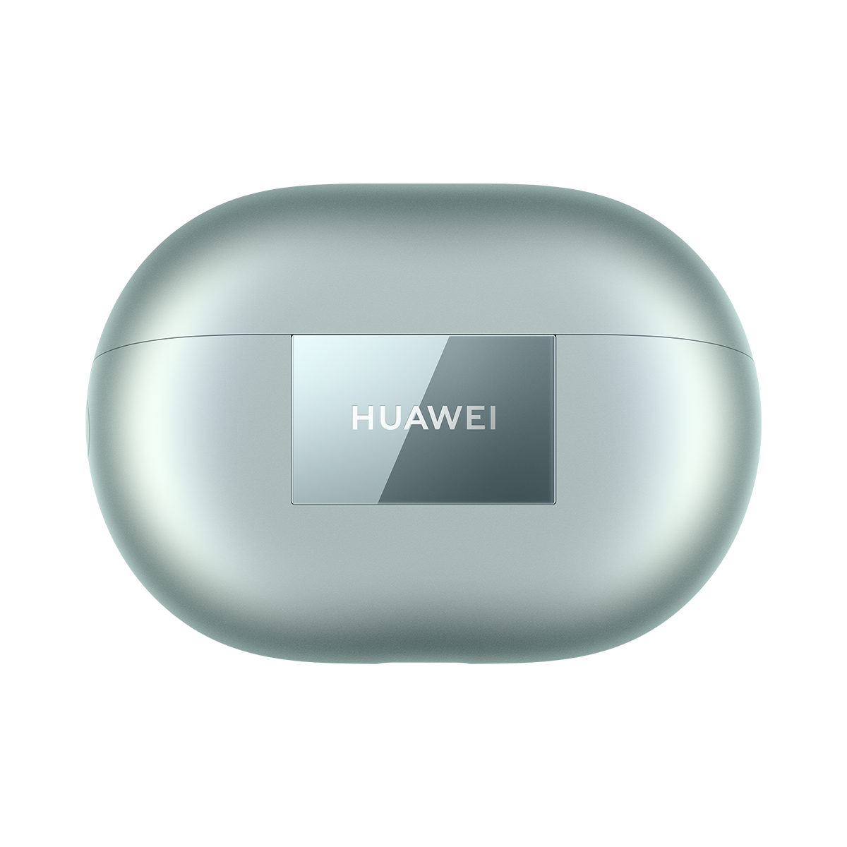 Gümüş, oval şekilli şarj kutusu, üzerinde 'HUAWEI' yazan bir dikdörtgenle. Siyah bir arka plan üzerinde.