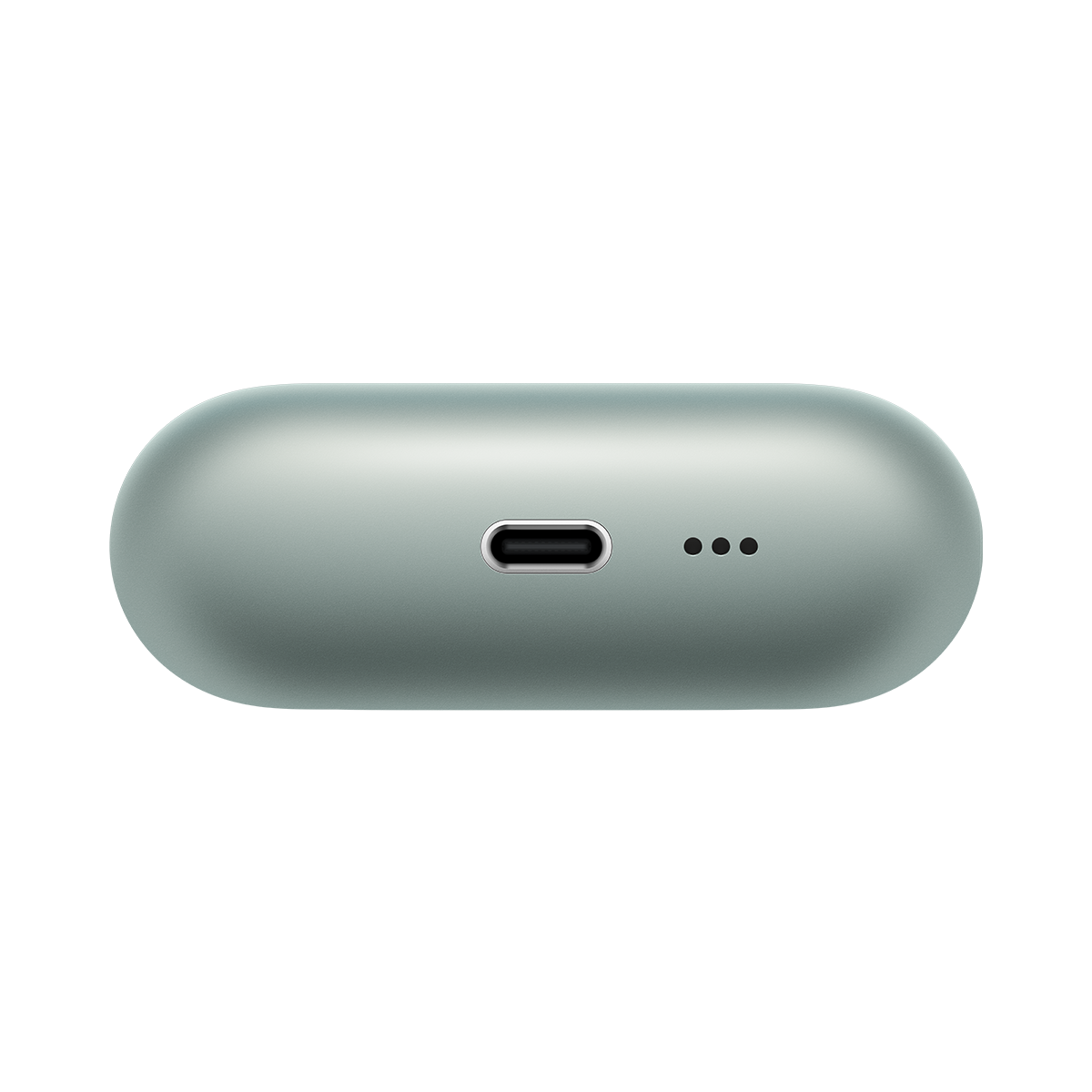 USB-C bağlantı noktası ve yan tarafında üç noktası olan nane yeşili bir şarj kutusu.