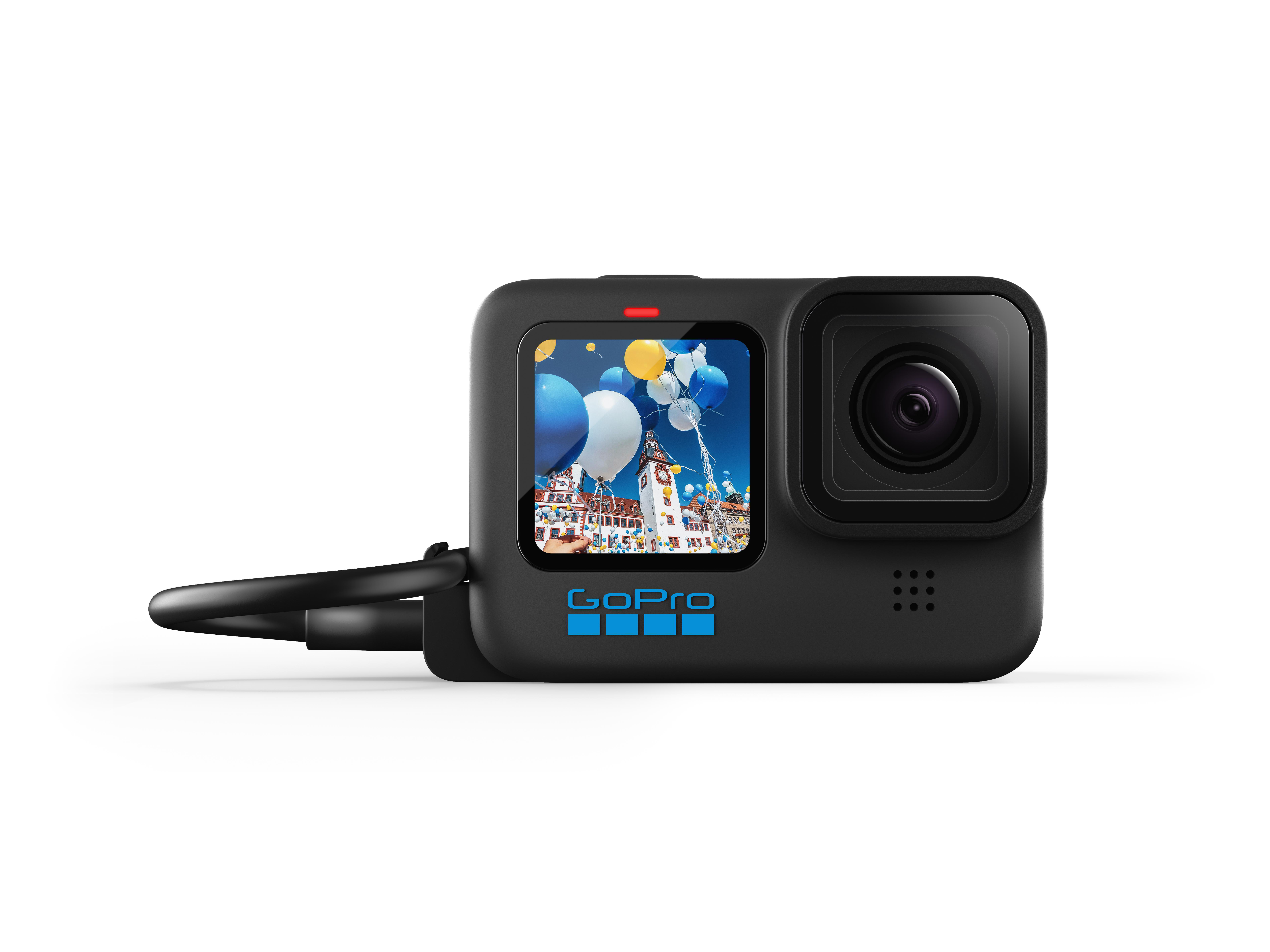 Schwarze GoPro-Kamera, die ein Bild auf dem Bildschirm anzeigt, mit einem Lanyard befestigt. GoPro-Logo sichtbar.