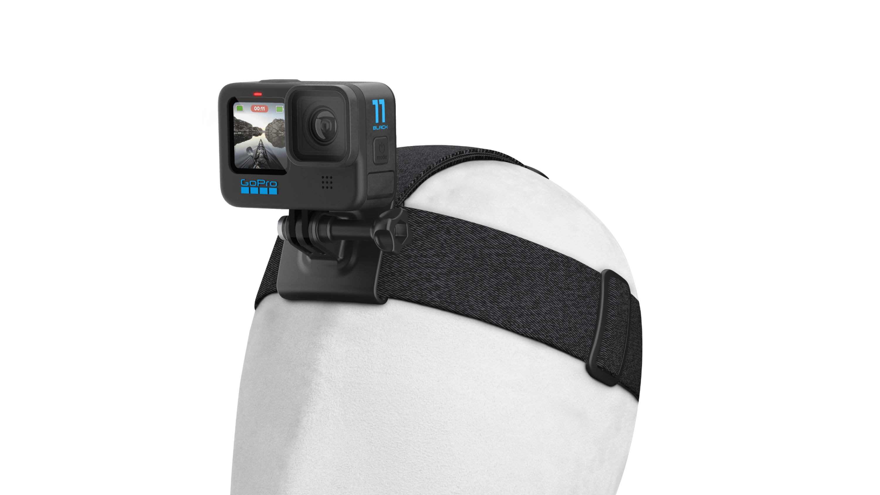 Eine GoPro-Kamera ist an einem Kopfband befestigt.