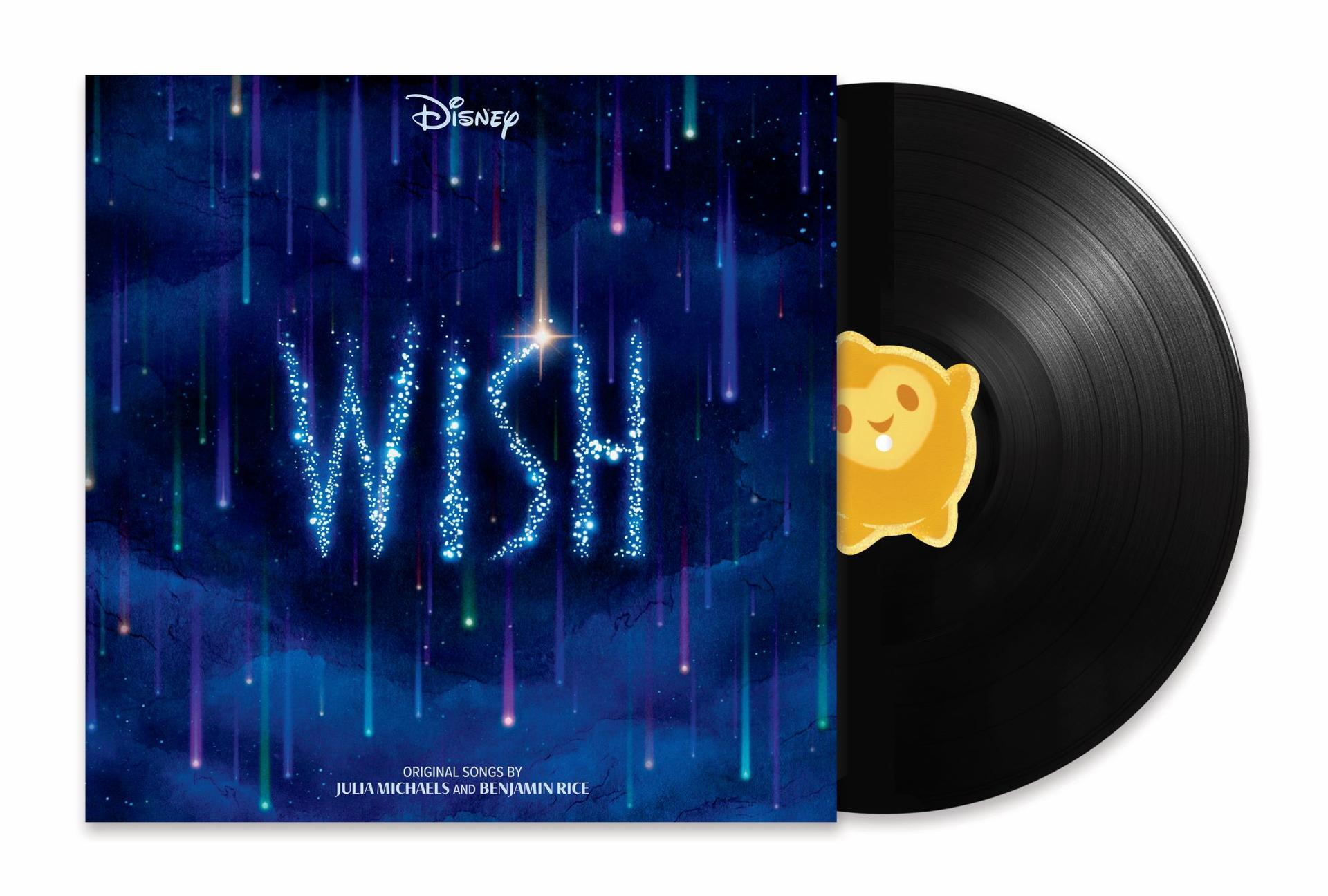 Disney Wish Vinyl-Schallplatte und Albumcover. Das Albumcover hat den Titel 'Wish' und einen sternenklaren Hintergrund.