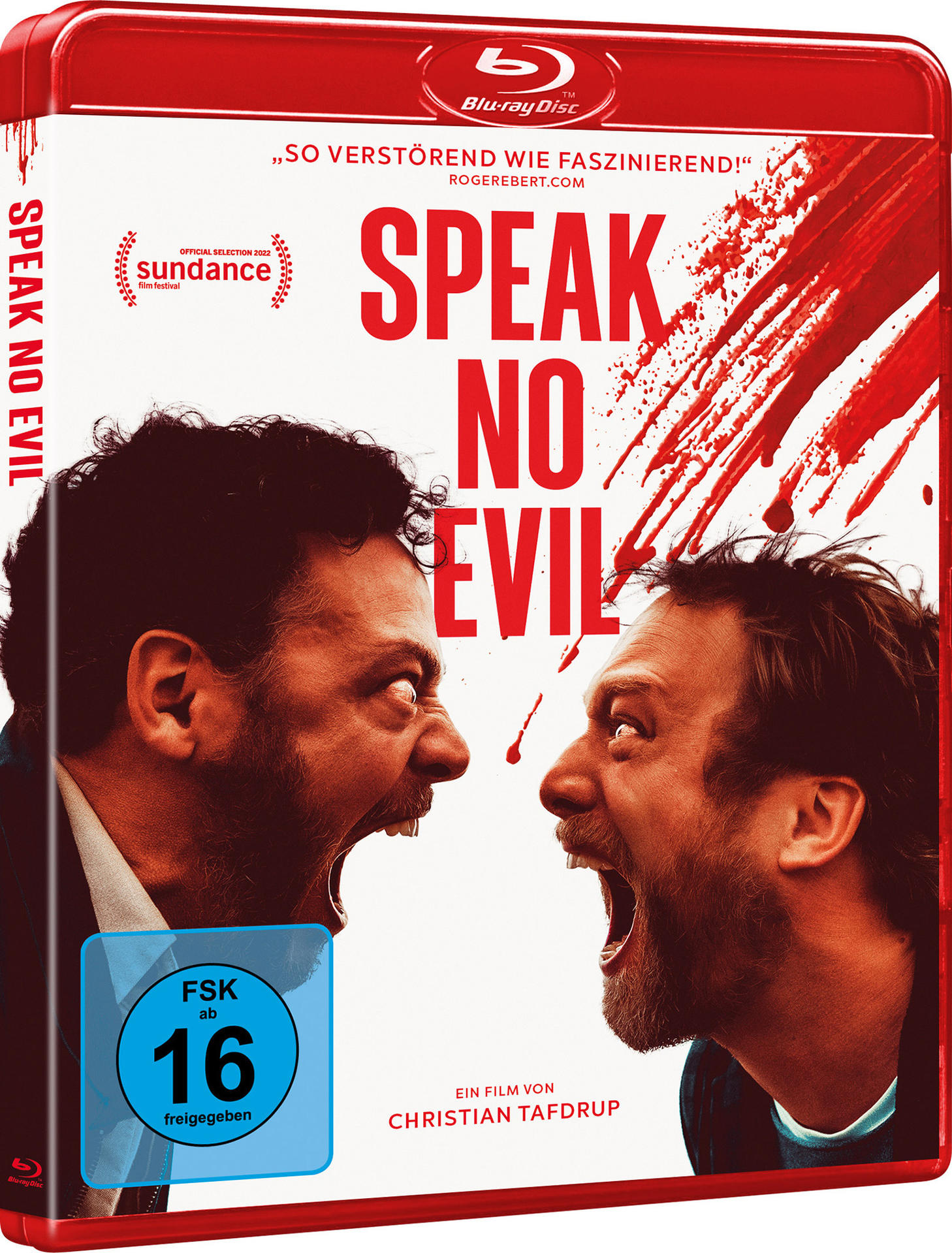 DVD-Cover von 'Speak No Evil'. Zwei schreiende Männer mit Blutspritzern. Rote, weiße und blaue Farben.