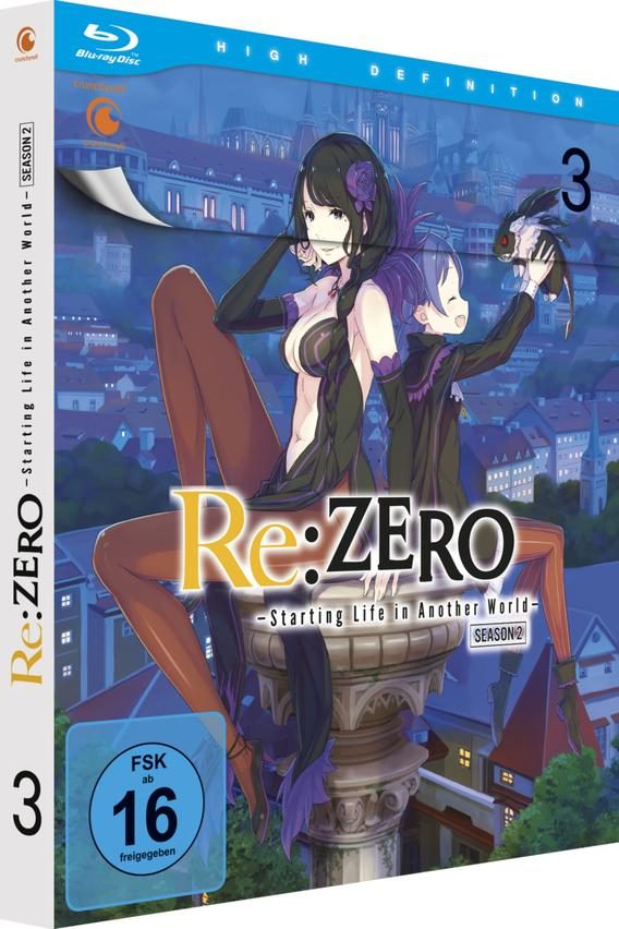 Blu-ray-Hülle für 'Re:ZERO', Staffel 2. Zeigt Anime-Charaktere in einer Fantasy-Umgebung.