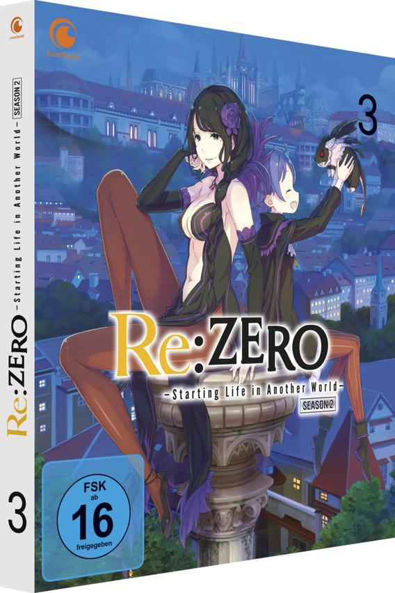 DVD-Hülle mit Re:Zero Anime-Charakteren. Das Cover hat japanischen Text und Bilder.