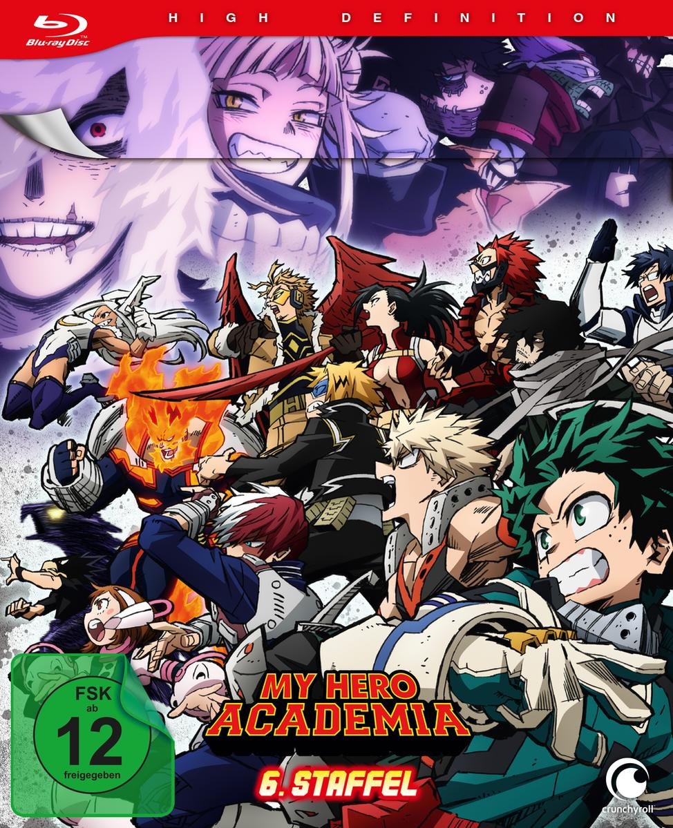 My Hero Academia Blu-ray Cover. Anime-Charaktere in Aktion, verschiedene Farben, japanischer Text.