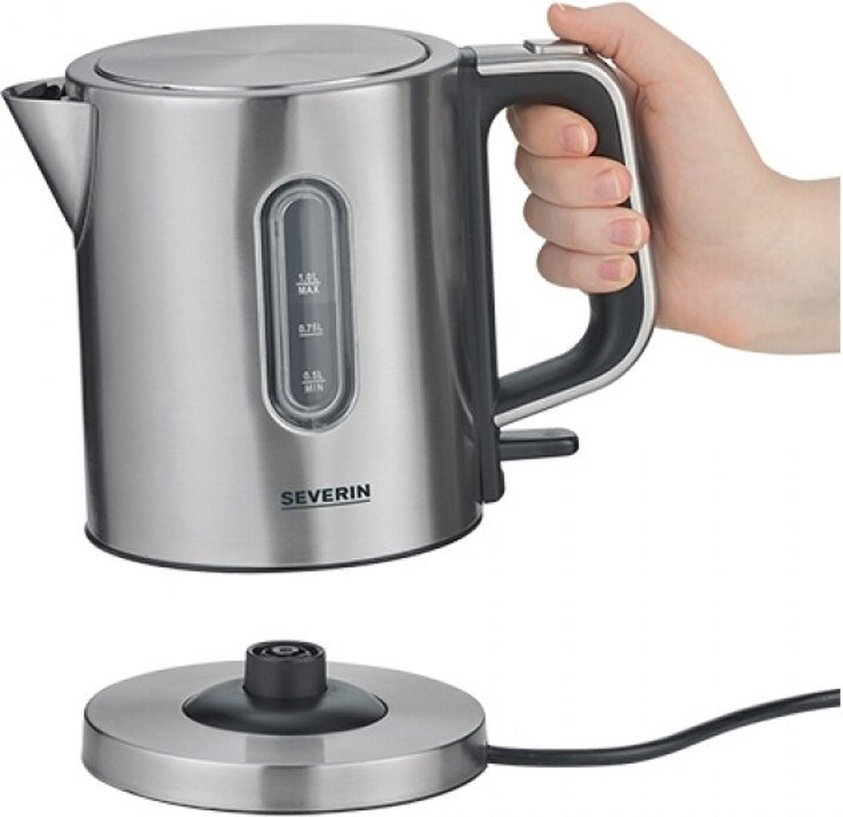 Een roestvrijstalen elektrische waterkoker met handvat, waterniveau-indicator en voet, studieverlichting.