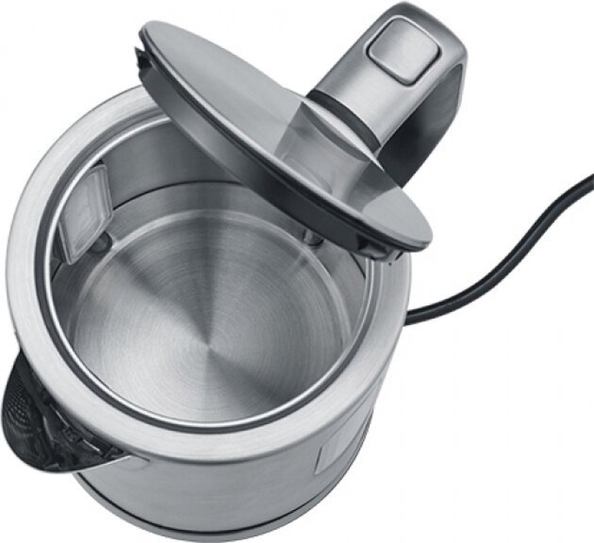 Rvs waterkoker met open deksel, toont de binnenkant. Zwart netsnoer aangesloten.