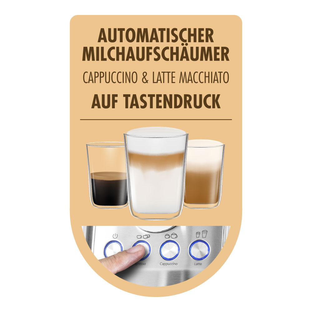 Nahaufnahme der Kaffeemaschinenknöpfe mit Text, der Cappuccino- und Latte-Optionen anzeigt.