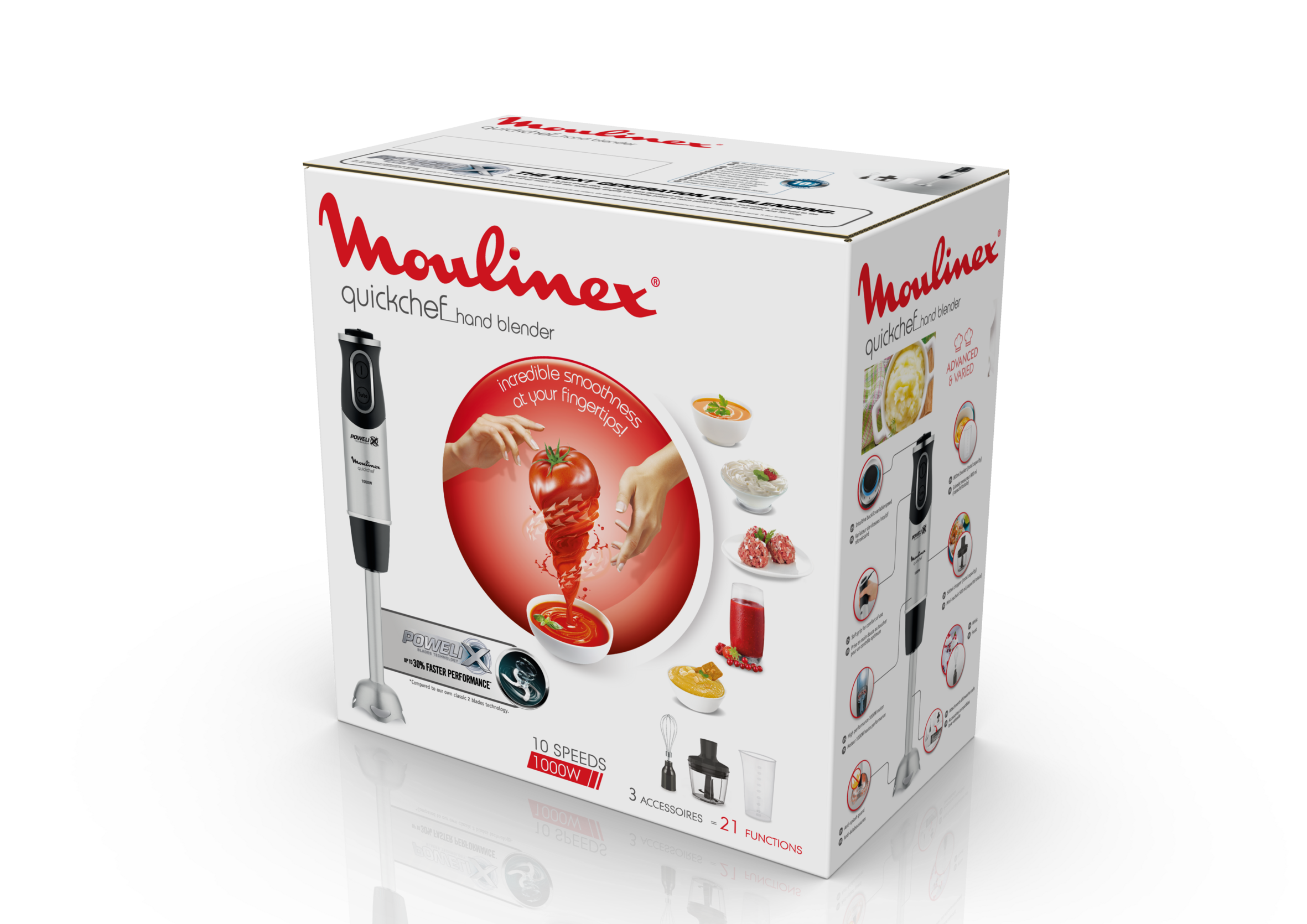 Caja de batidora de mano Moulinex Quickchef, con imagen del producto y características mostradas.