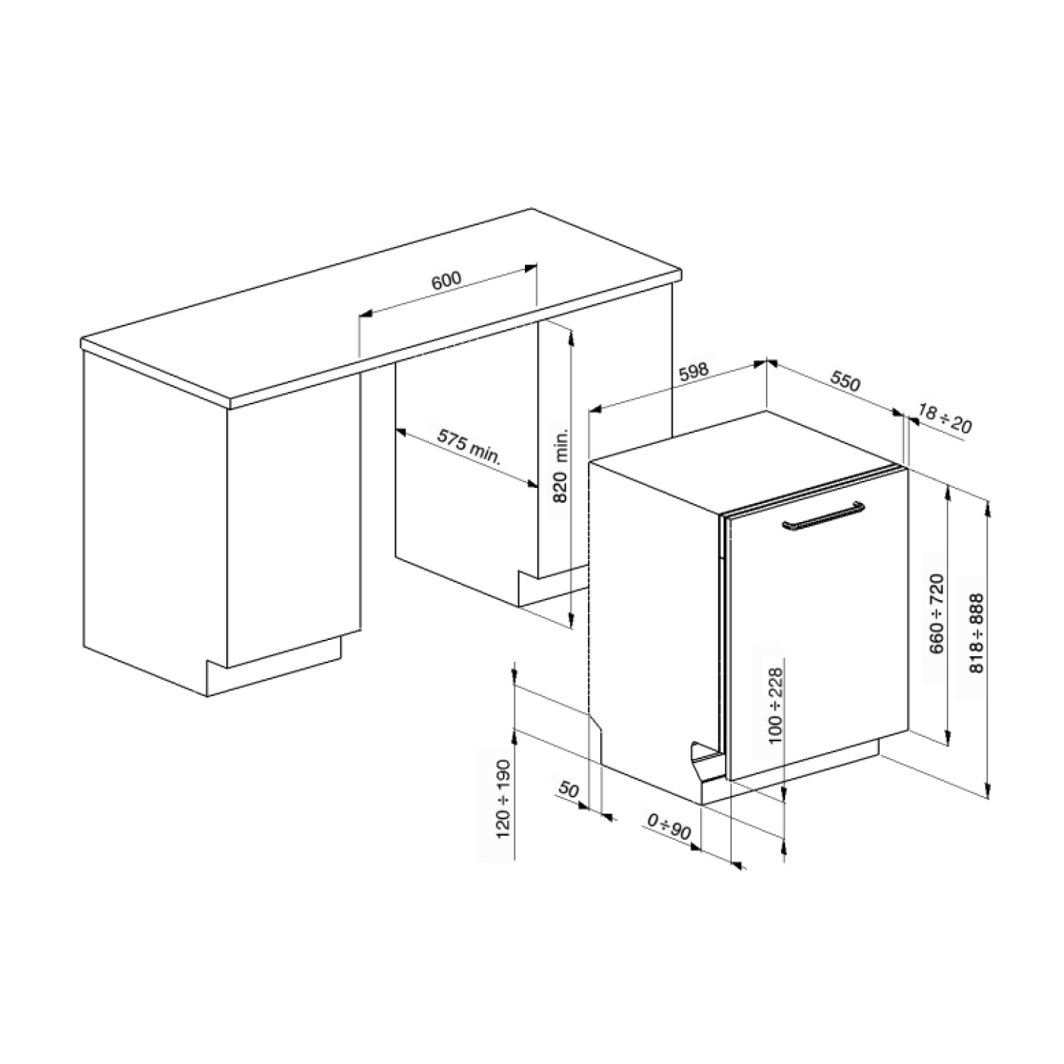Schema delle dimensioni di installazione della lavastoviglie. Mostra mobile e apparecchio con misure in millimetri.