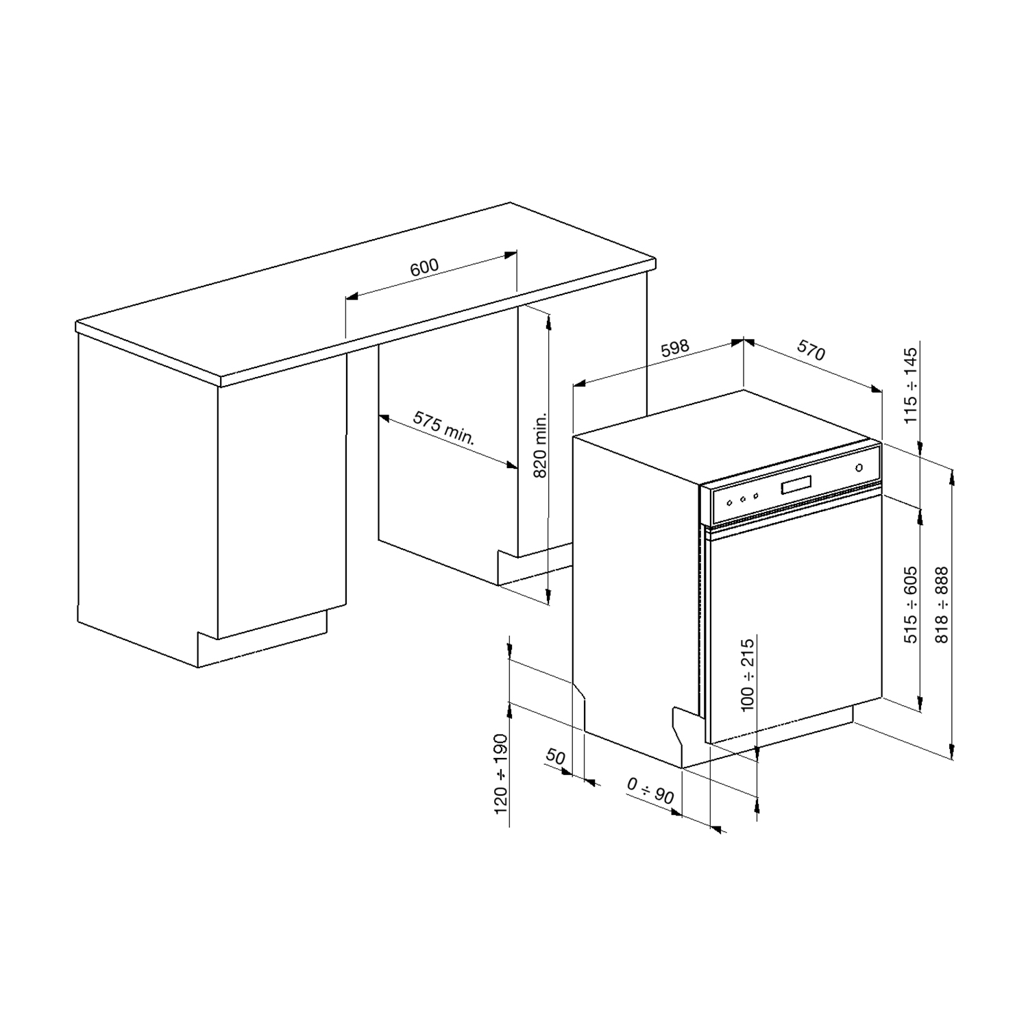 Schema di una lavastoviglie con dimensioni per l'installazione in un mobile da cucina.