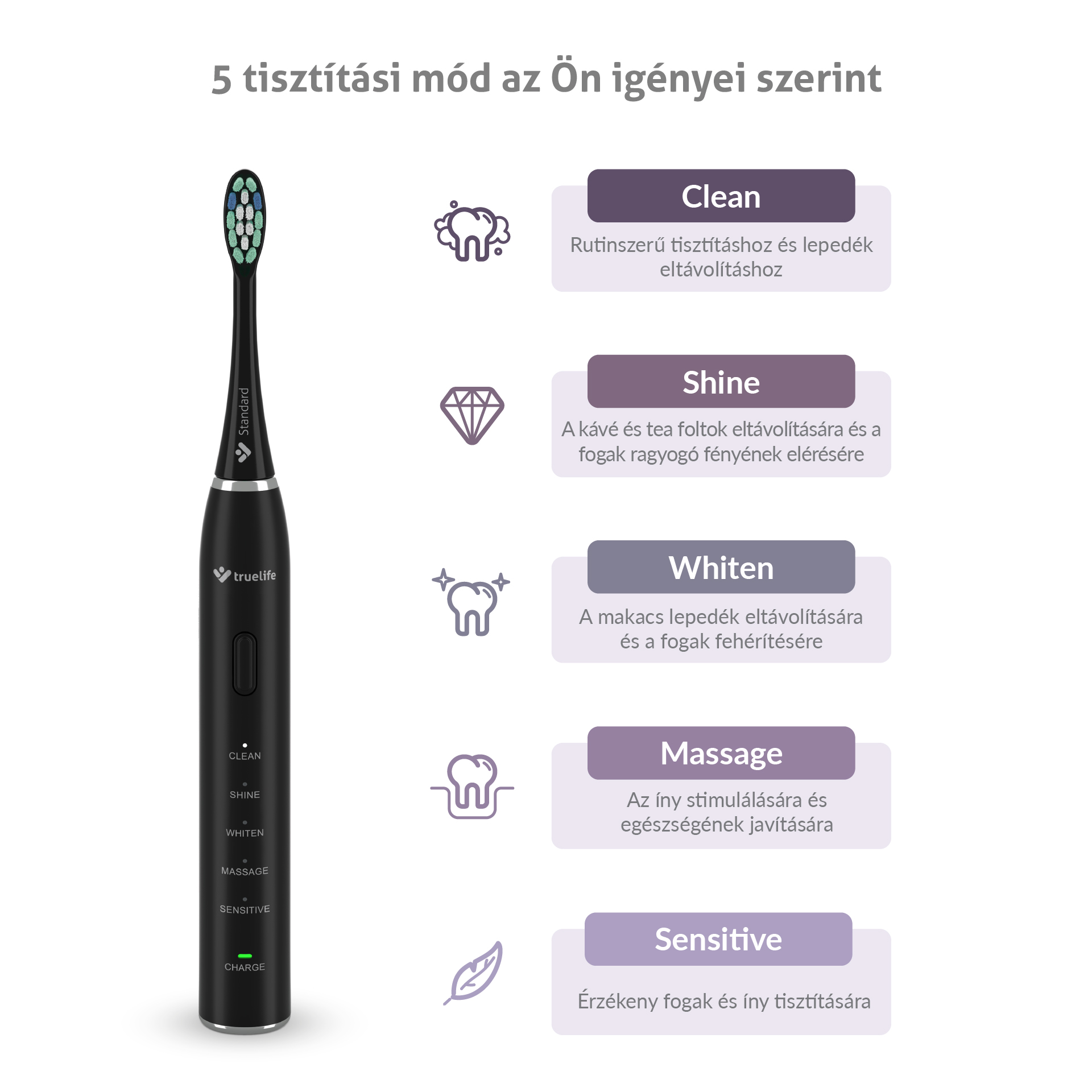 Elektromos fogkefe tisztítási módokkal: tisztítás, ragyogás, fehérítés, masszázs, érzékeny.
