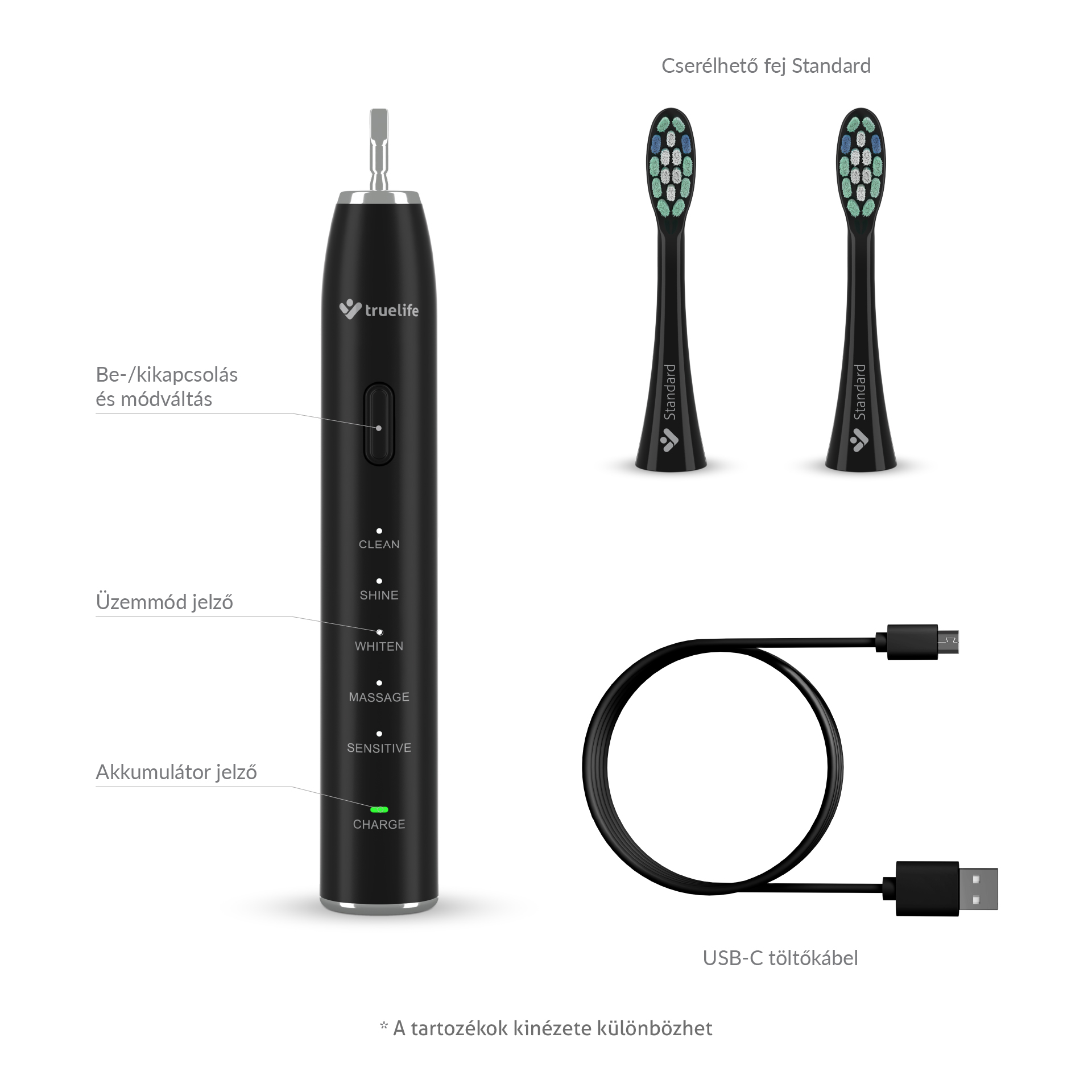 Fekete elektromos fogkefe cserélhető fejekkel és USB-C töltőkábellel.