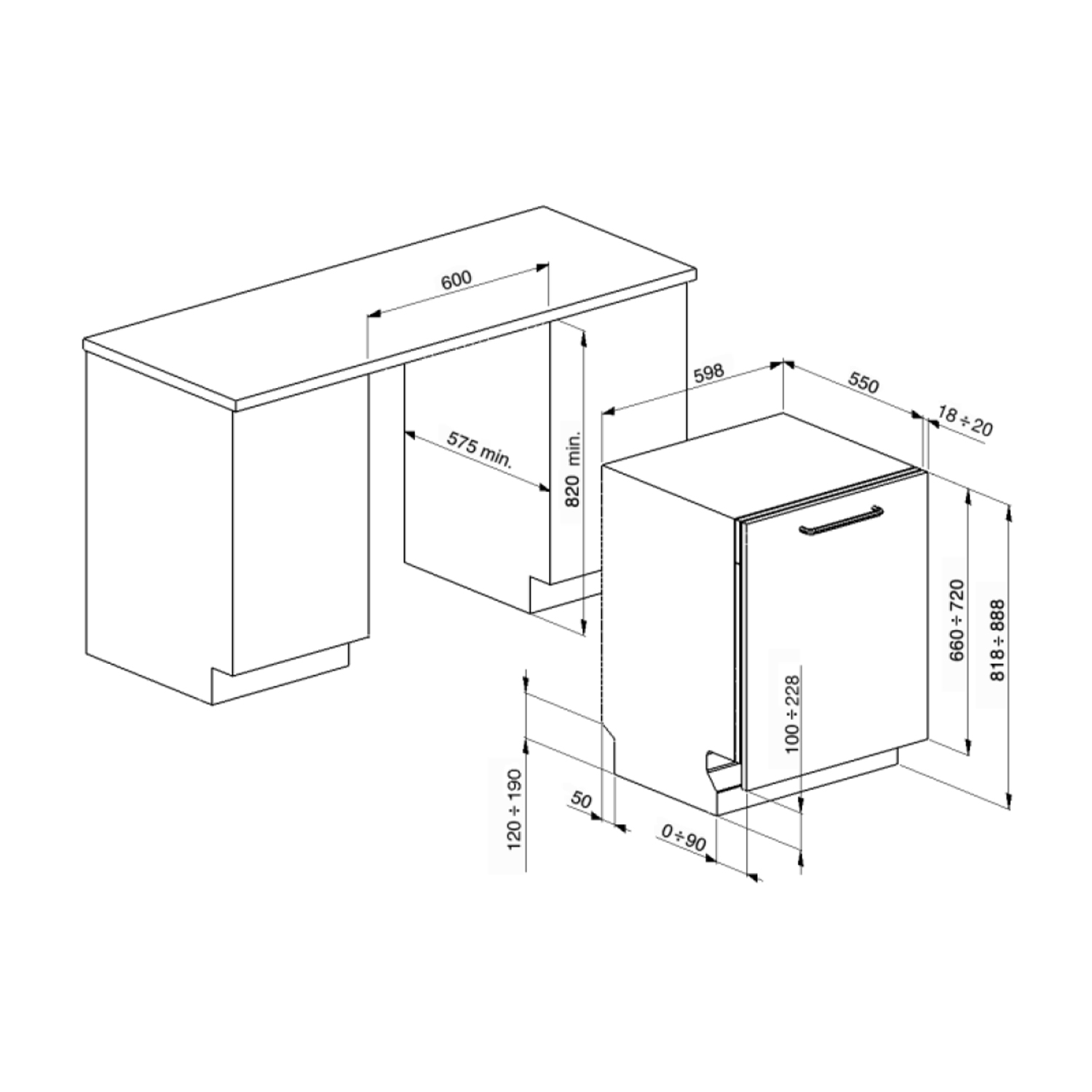 Diagramma che mostra le dimensioni di una lavastoviglie e di un mobile da piano.