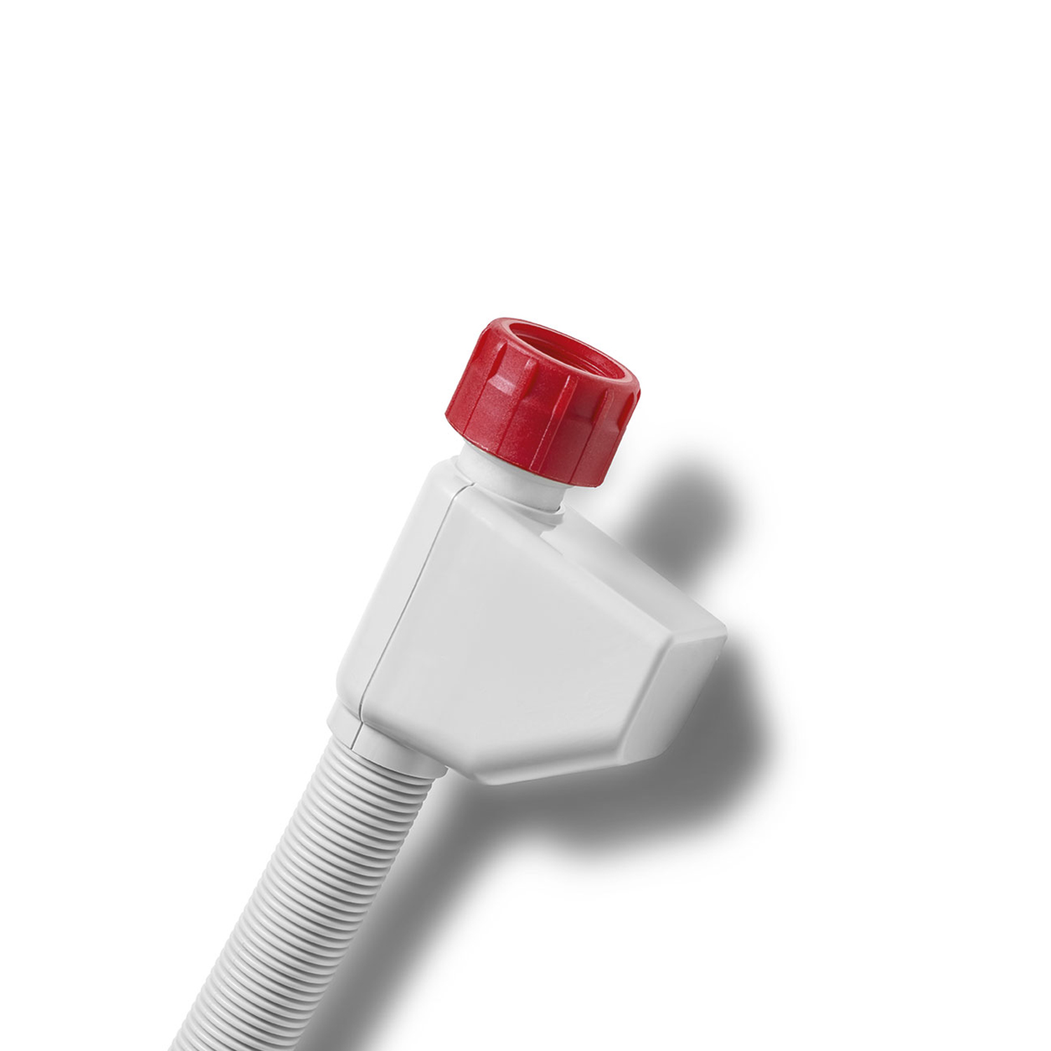 Tubo di plastica bianco con un tappo rosso all'estremità. Sfondo bianco.