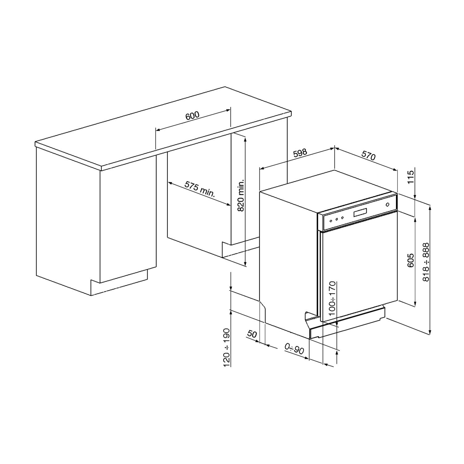 Un disegno al tratto in bianco e nero che mostra una lavastoviglie e le dimensioni di installazione.