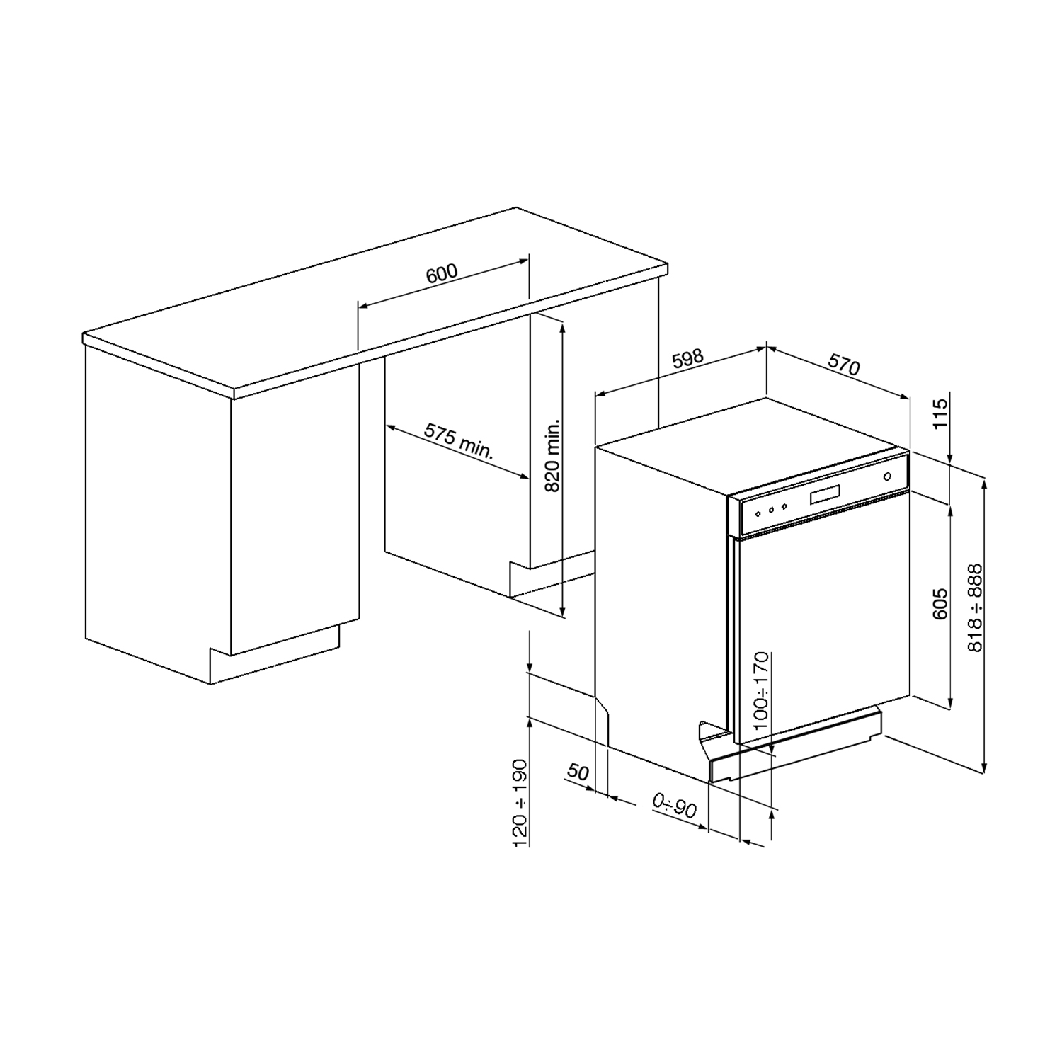 Diagramma di una lavastoviglie con dimensioni. È in bianco e nero, mostrando i dettagli di installazione.