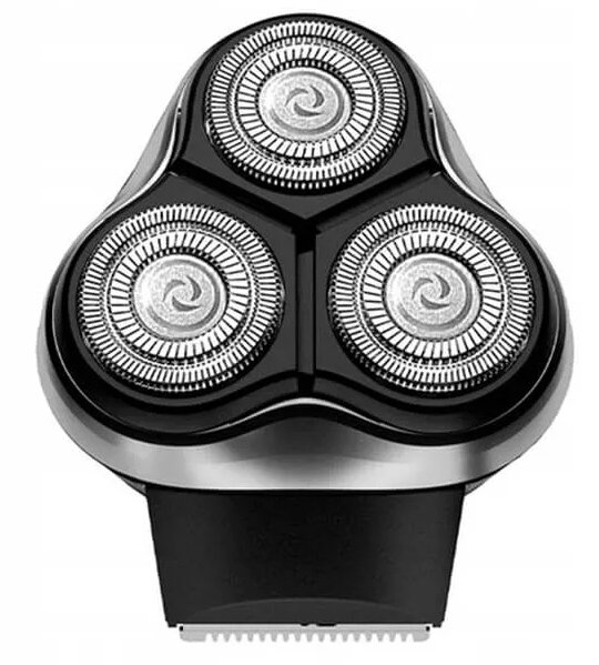 Zbliżenie czarnej głowicy golarki elektrycznej z trzema obrotowymi srebrnymi ostrzami.