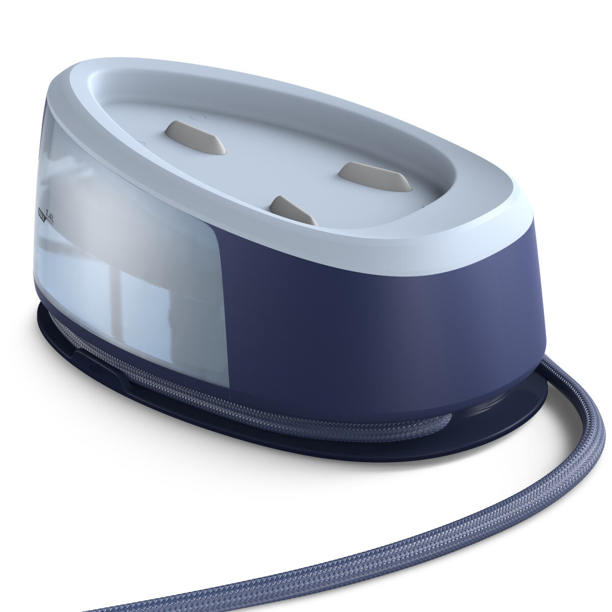 Biało-niebieska podstawa żelazka parowego z szarym kablem.