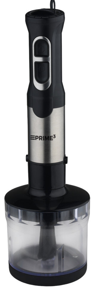 Blender ręczny, srebrno-czarny, z przezroczystym pojemnikiem do mieszania.