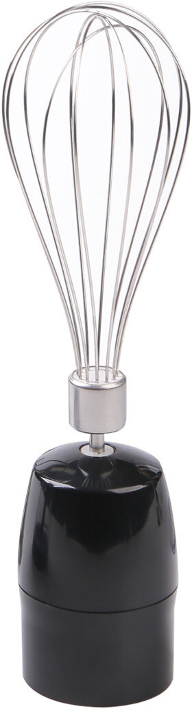Czarny i srebrny mikser ręczny. Ubijaczka wykonana jest z metalowych drutów.