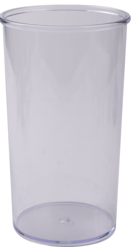 Przezroczysty, cylindryczny plastikowy kubek do blendera. Brak zawartości, gładkie tło.