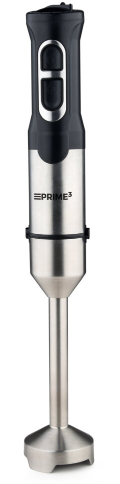 Srebrny i czarny blender ręczny stoi pionowo. Ma przyciski i nazwę marki Eprime3.