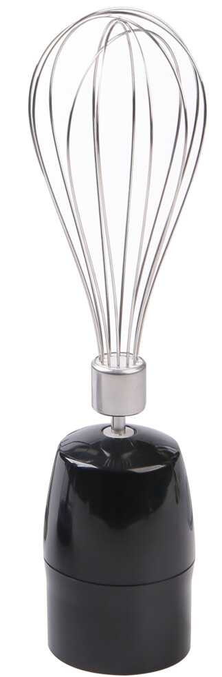 Czarny i srebrny mikser ręczny. Ubijaczka wykonana jest z metalowych drutów.