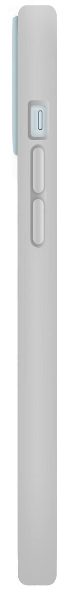 Widok z boku jasnoszarego etui na telefon z przyciskami i jasnoniebieskim akcentem.