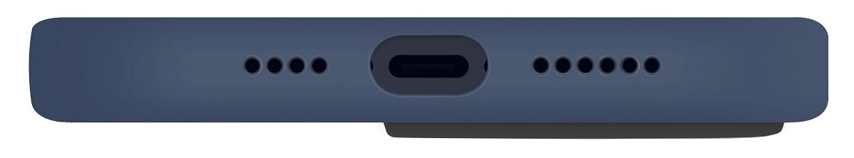 Spód granatowego telefonu z portem i otworami.