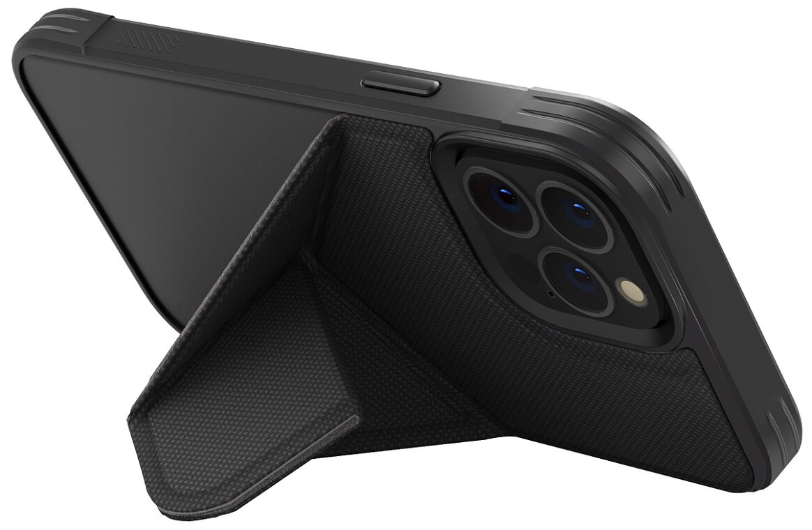 Czarne etui na telefon ze stojakiem. Telefon jest widoczny z trzema kamerami.