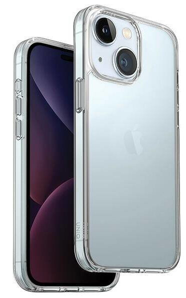 iPhone w przezroczystym etui ochronnym, na czarnym tle.