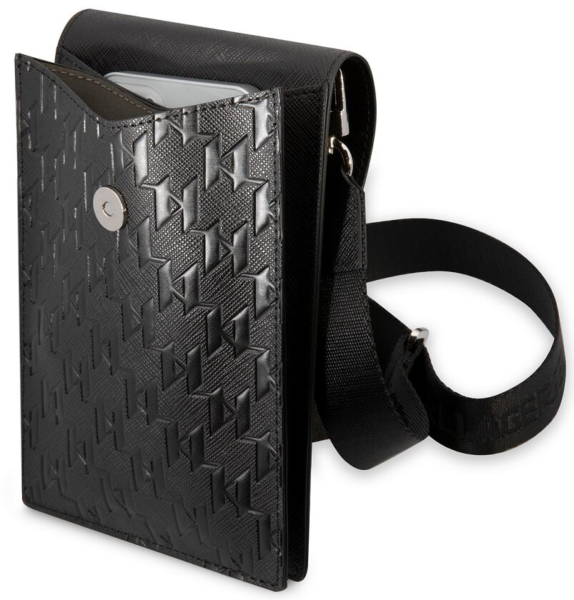 Czarny pokrowiec na telefon z wytłoczonym wzorem, otwarty, z telefonem, pasek na ramię.