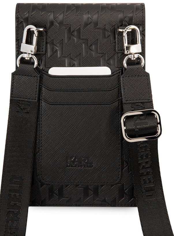 Czarna torba na telefon komórkowy z paskiem na ramię. Ma przegródki na karty.