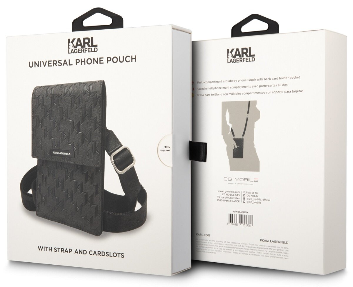Czarna etui na telefon Karl Lagerfeld na białym pudełku z paskiem i miejscami na karty. Pudełko zawiera informacje.