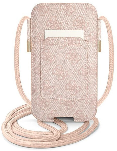 Różowe etui na telefon Guess ze smyczą. Jasnoróżowy wzór, złote akcenty i miejsce na kartę. Białe tło.