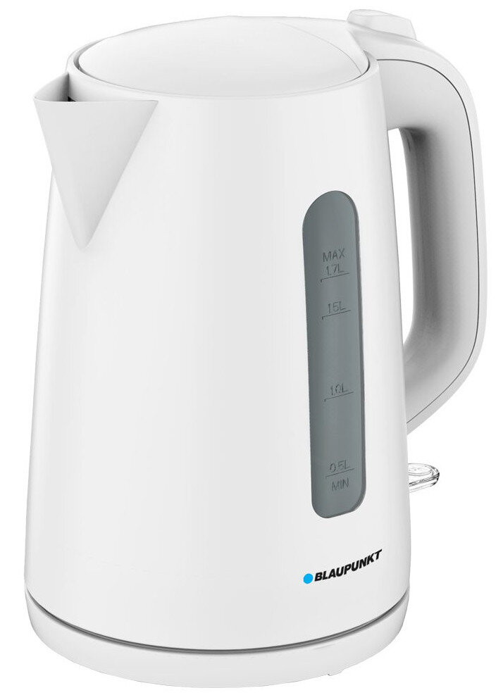 Biały czajnik elektryczny ze wskaźnikiem poziomu wody i uchwytem.