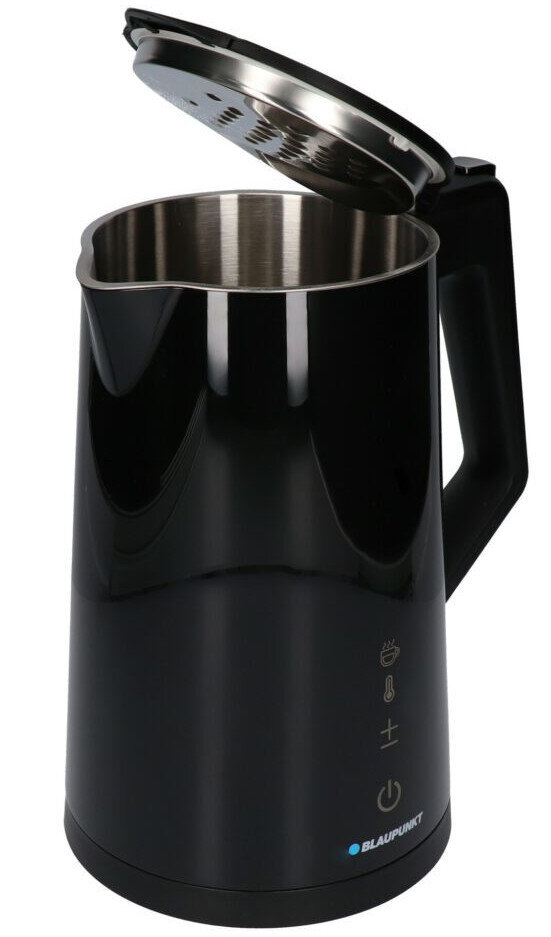 Czarny i srebrny czajnik elektryczny z otwartą pokrywą.