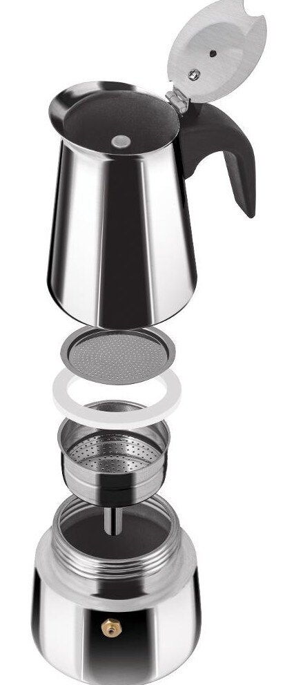 Widok rozłożony ekspresu do kawy, stal nierdzewna z wieloma częściami, na białym tle.