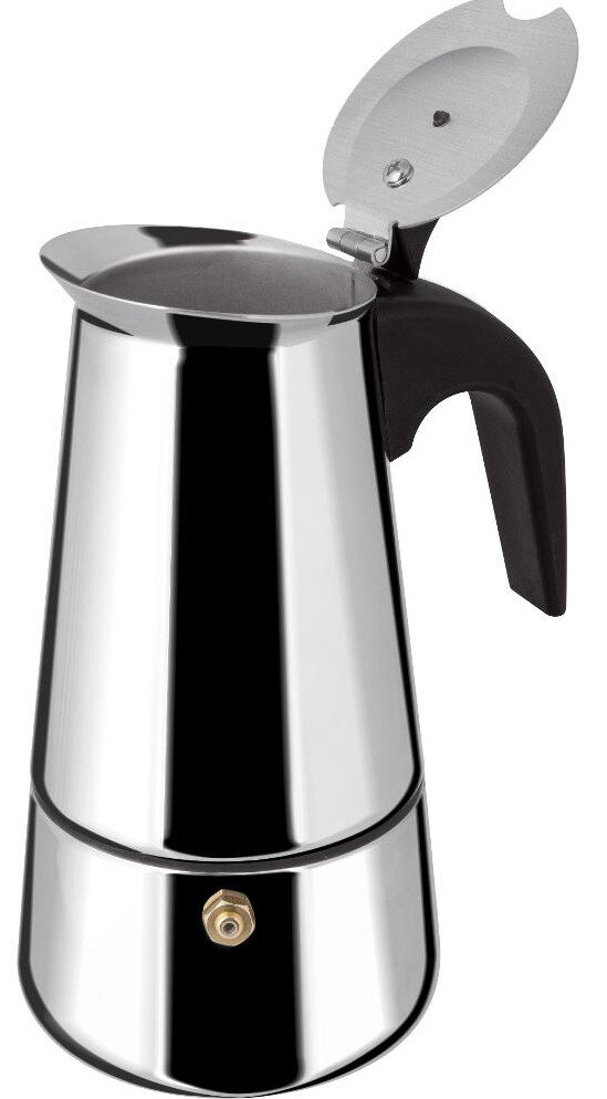 Błyszczący, srebrny ekspres do kawy z czarnym uchwytem, otwartą pokrywą. Jest na białym tle.