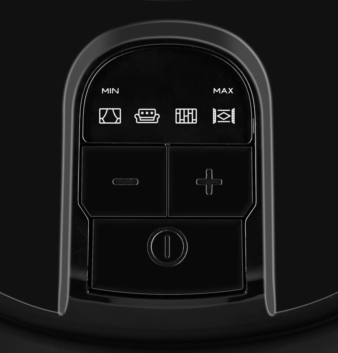 Zbliżenie na czarne elementy sterowania odkurzacza: min, max, przyciski zasilania.