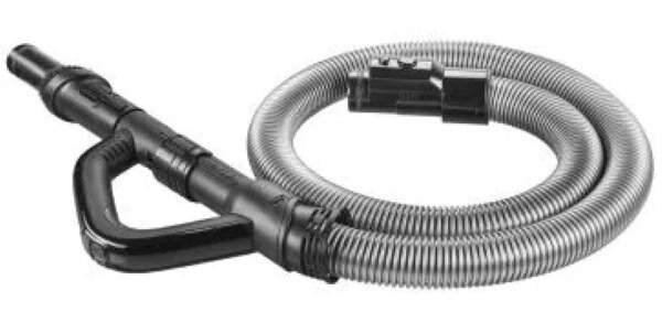 Czarny wąż z uchwytem i złączem. Wąż jest zwinięty.