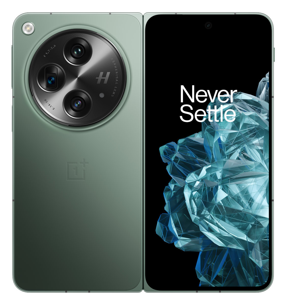 Zielony smartfon otwarty. Z jednej strony kamery, z drugiej ekran.