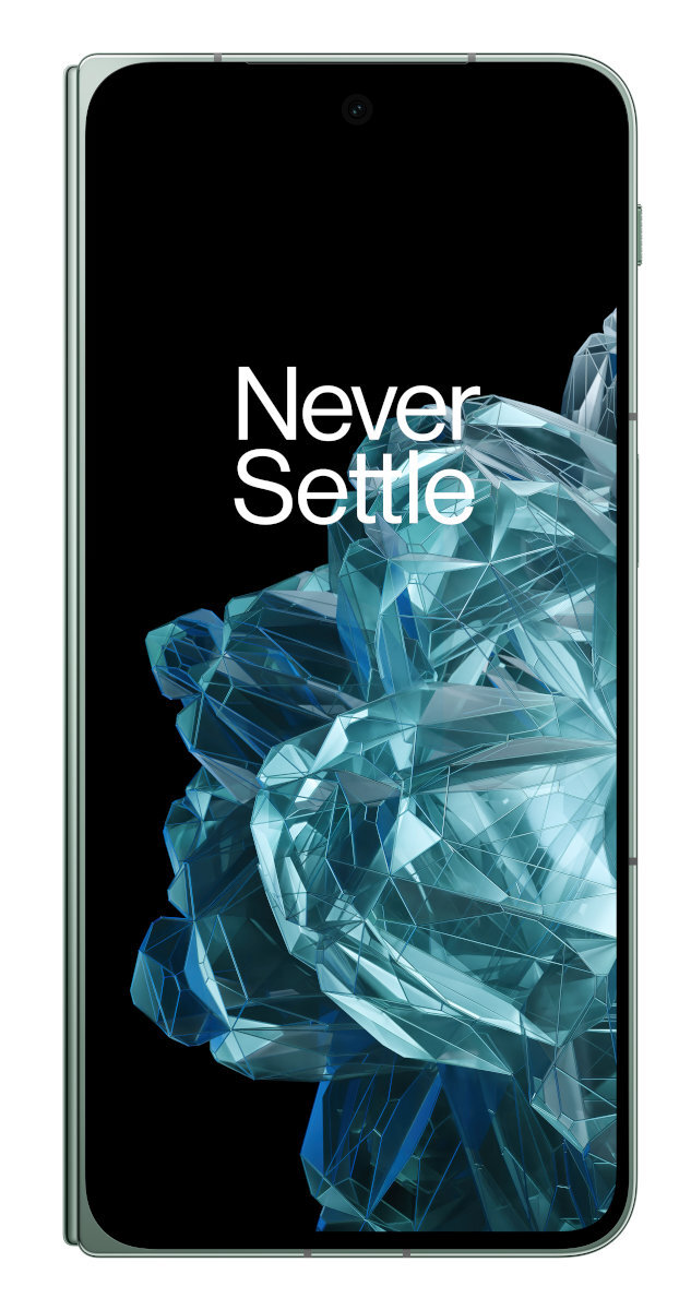 Zielony smartfon ze słowami 'Never Settle' na ekranie.