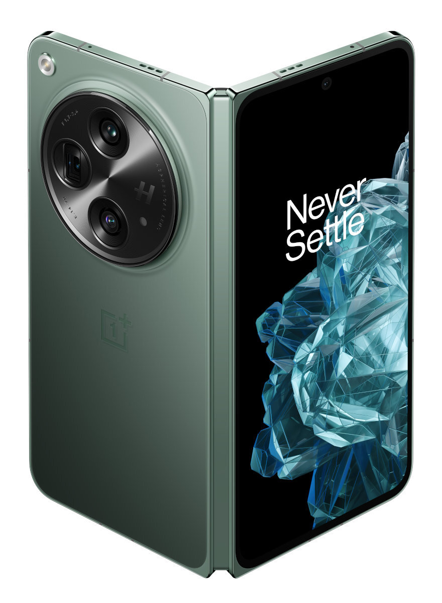 Zielony składany smartfon, z trzema tylnymi aparatami i ekranem z napisem Never Settle.