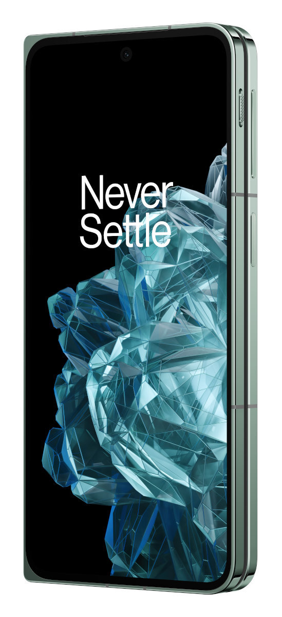 Telefon, widok z boku, złożony. Zielony, z czarnym ekranem wyświetlającym tekst i sztukę abstrakcyjną.