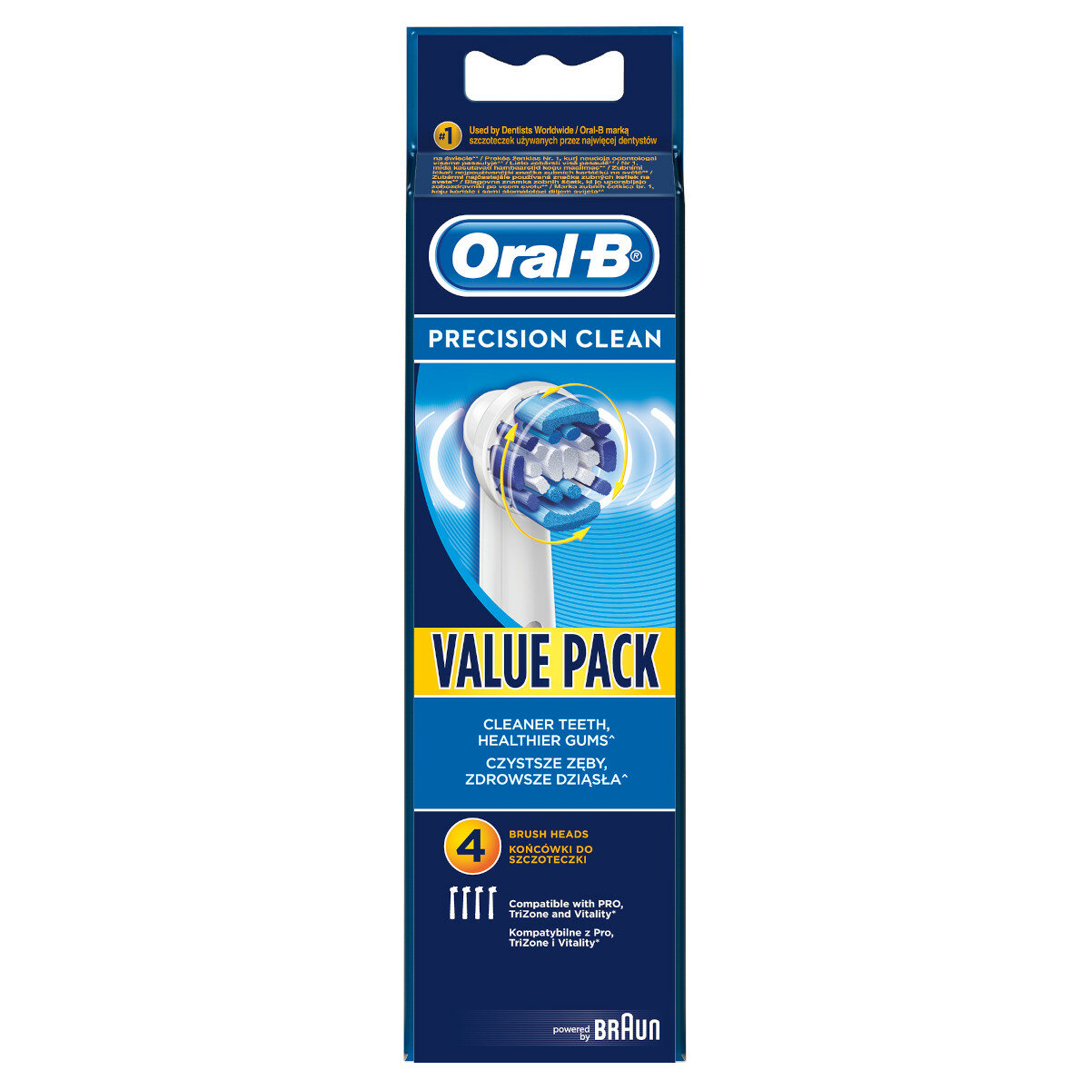 Główki szczoteczki do zębów Oral-B Precision Clean w niebiesko-białym opakowaniu.