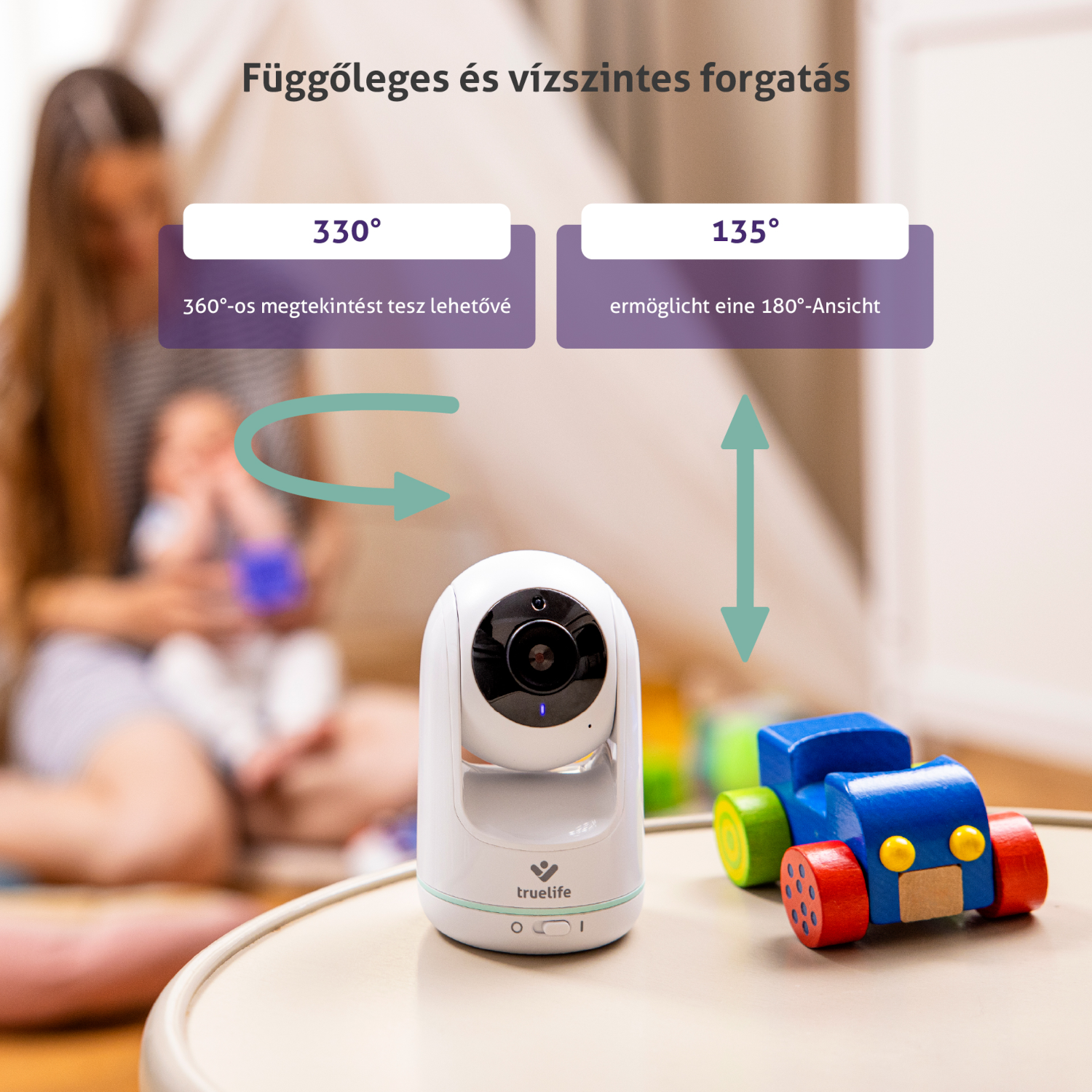 Egy bébiőr, a háttérben egy babával és játékokkal. Szöveg a forgatási lehetőségekről.