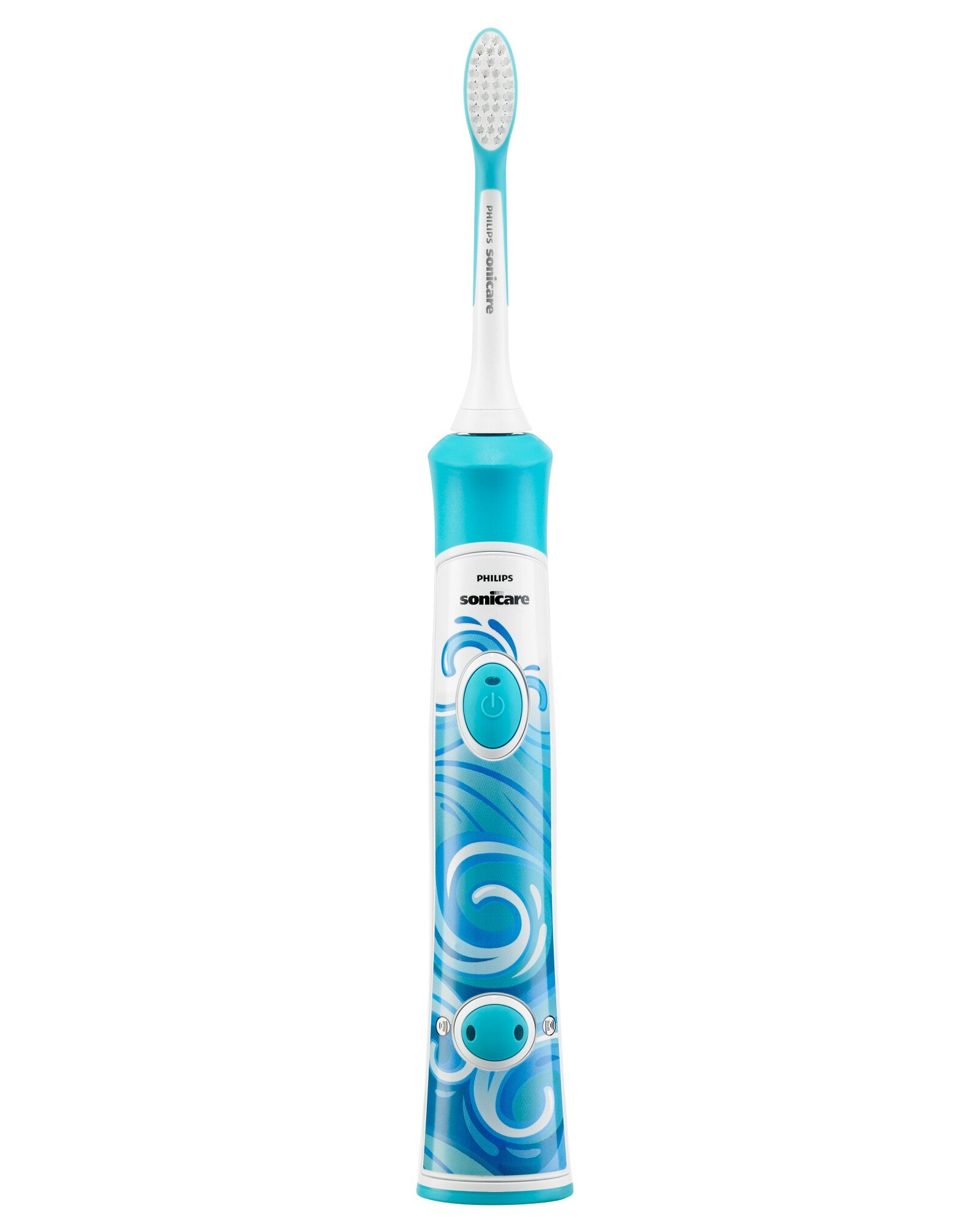 Niebieska i biała elektryczna szczoteczka do zębów. Marka Philips Sonicare. Białe tło.