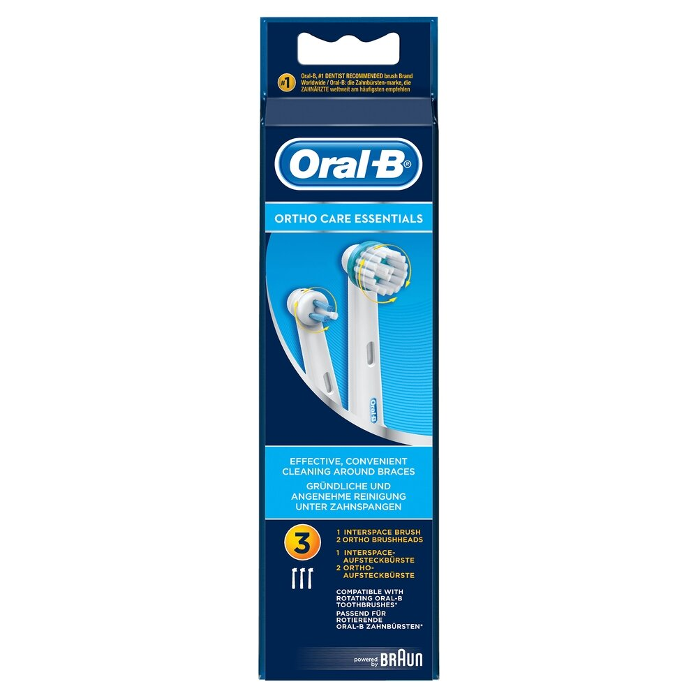 Głowice szczoteczki do zębów Oral-B Ortho Care Essentials w opakowaniu. Niebiesko-biały design.